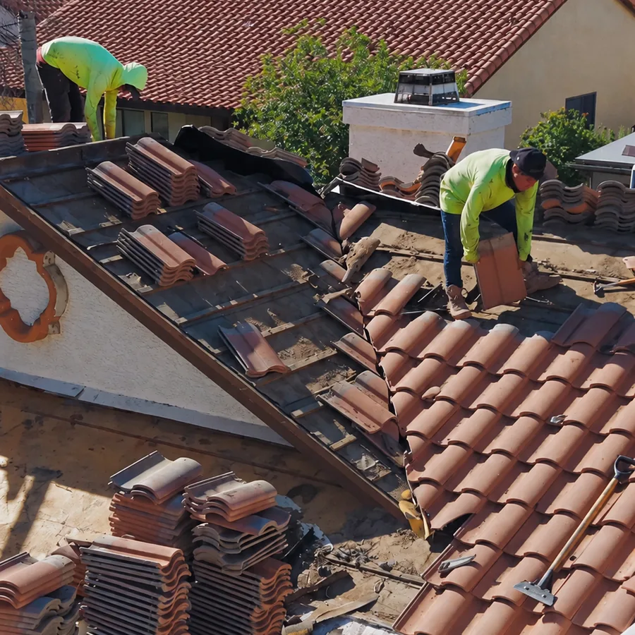 Restoration X crew working on a tile roof